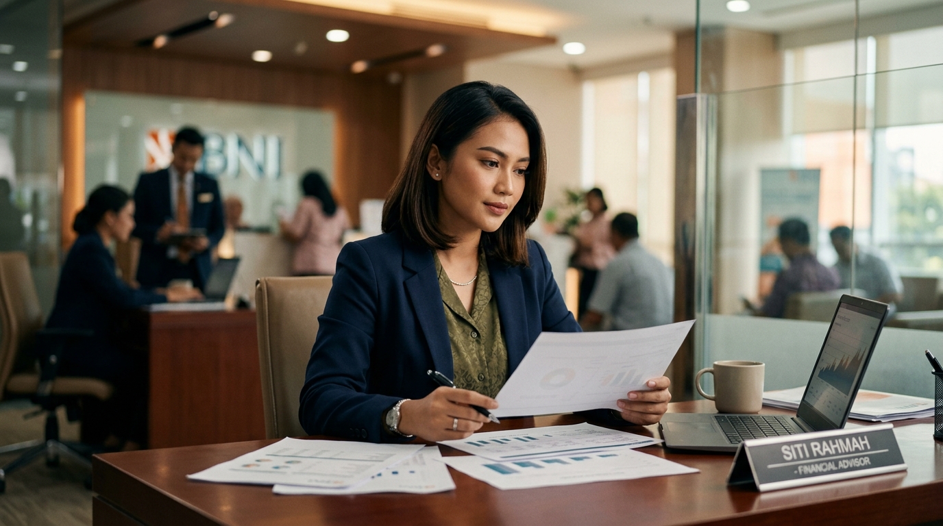 Relationship Manager bank sedang menganalisis dokumen keuangan nasabah