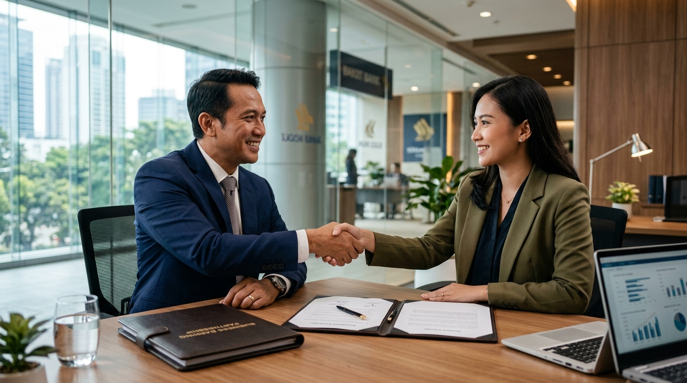Pemilik bisnis berjabat tangan dengan Relationship Manager bank di ruang meeting
